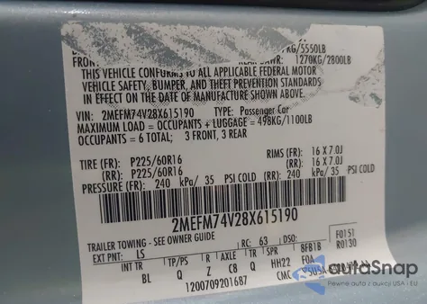 2008 Mercury Grand Marquis Gs from USA, damaged, VIN 2MEFM74V28X615190